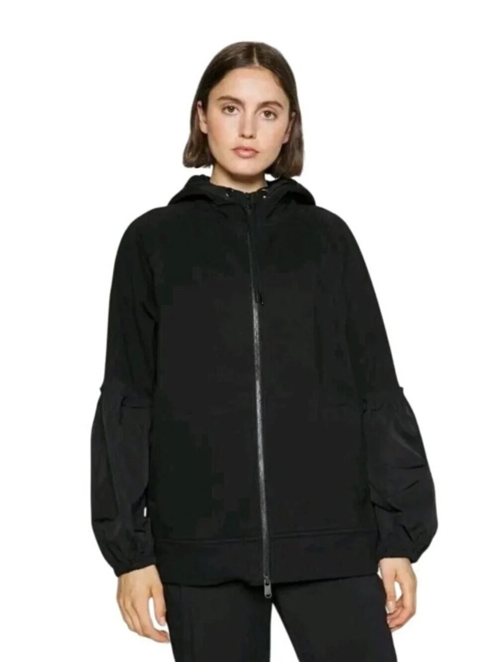 Athleta Black Zip Hoodie Jacket With Pleated Nylon Sleeve Detail Size M Like New
